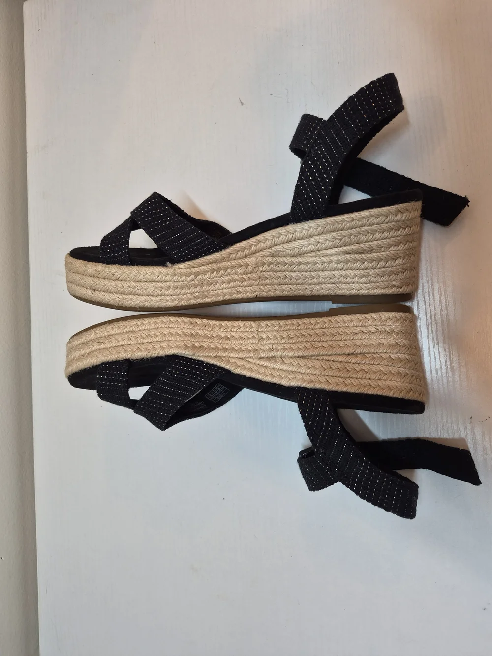 Toms Black Espadrille Wedge Sandals with Subtle Metallic Thread